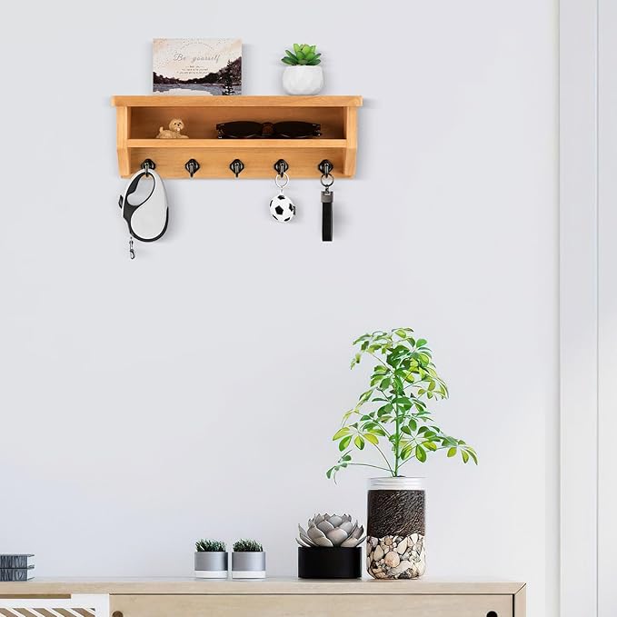 Nekon Key Holder Wall Mount, Wall Organizer Shelf with 5 Key Hooks, Room Decor for Home and Apartment Essentials, Wood