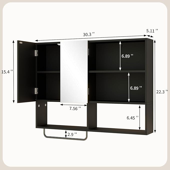 Medicine Cabinet, Wooden Bathroom Wall Cabinet with 2 Doors, Adjustable Shelves & Towel Bar, Over Toilet Storage Cabinet Wall