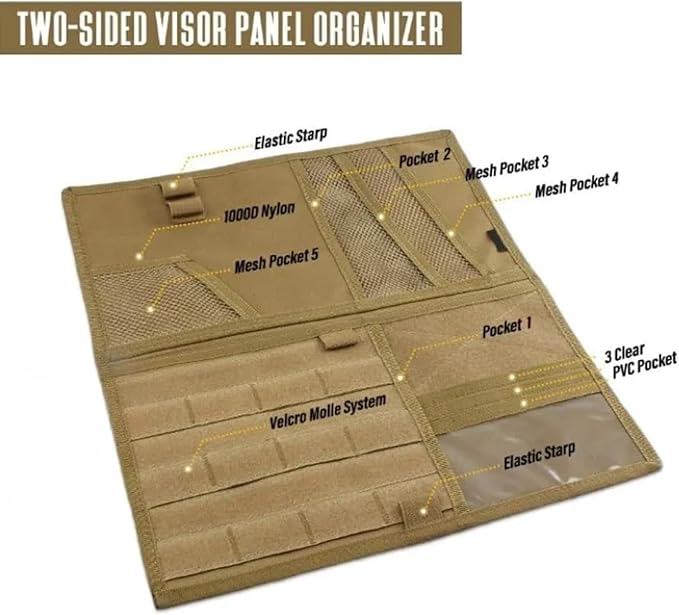 Large Molle Visor Organizer, Tactical Visor Organizer, Car Sun Visor Organizer Truck Accessories for Men, Tactical Gear for Men (Khaki)