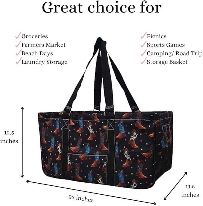 NGIL Extra Large Utility Tote Reusable Grocery Bag Oversized Collapsible for Groceries, Storage, Picnic, Beach (Starry Cowgirl- Black)