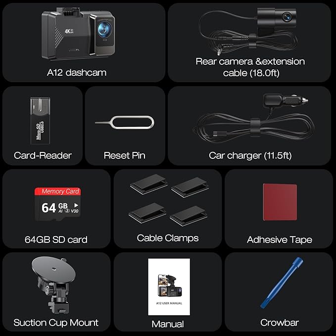 4K Dash Cam Front Rear, Dual Channel Dash Cams with 64GB Card 4K+1080P, Dash Camera for Cars with 5G WiFi, APP Control,2.0" I
