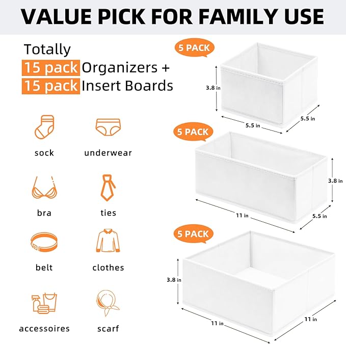 Criusia Closet Drawer Organizer Clothes, 15 Pack White Dresser Organizer for Baby Clothes, Fabric Drawer Dividers for Nursery