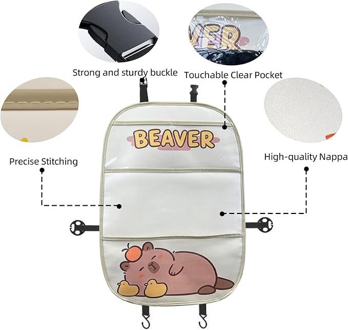 kids Leather Car Backseat Organizer with Foldable Table Tray, Car Storage Organizer with Tablet Holder, Car Seat Back Protectors Kick Mats, Travel Accessories (Capybara)