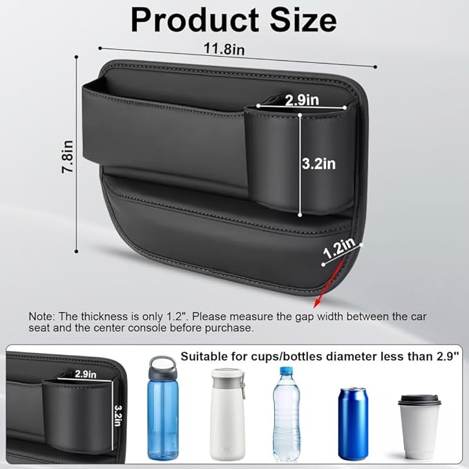 Car Seat Gap Filler Organizer with Cup Holders, Seat Gap Storage Box for Drinks, Phones, Keys, Sunglasses, Cards, and Small Essentials (Black, Passenger Seat)