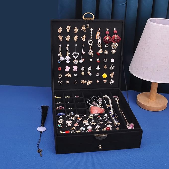Women Jewelry Box Lockable 3 Layers Large Jewelry Organizer Storage Case for Earrings Necklaces Rings Bracelets,Green Display
