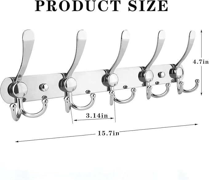 2-Pack Coat Rack Wall Mounted – Space-Saving Wall Clothes Rack, 5 Tri Hooks, Stainless Steel Entryway Organizer for Coats, Ha