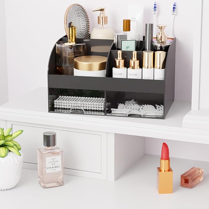 Makeup Organizer with Drawers, Cosmetic Storage for Dresser Vanity and Bathroom Countertop, Beauty Holder for Lipstick Brush,
