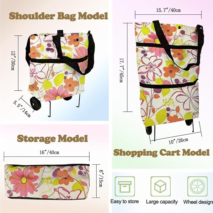 Collapsible Shopping Grocery Bag with Wheels Rolling Tote Bag with Wheels Large Reusable Shopping Bags Foldable Cart(Rich Flower,Large)