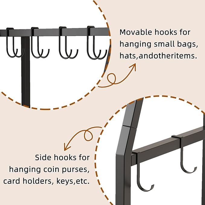 3-Tier Purse Stand Handbag Organizer, Hall Tree for Entryway Steel Frame, with 8 Removable Hooks，Clothes Rack Stand Organizer