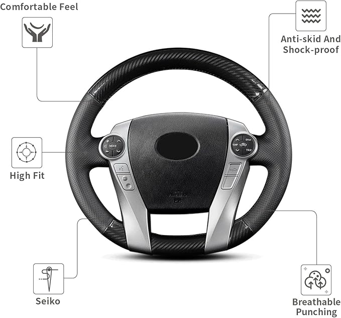 Hand-Stitch Steering Wheel Cover with Microfiber Leather & Carbon Fiber Leather Fit for Toyota Prius V 2012 2015/Prius C 2012 2015 2017/Prius 2010 2012/Prius Plus Prius Plug-in Hybrid 2013