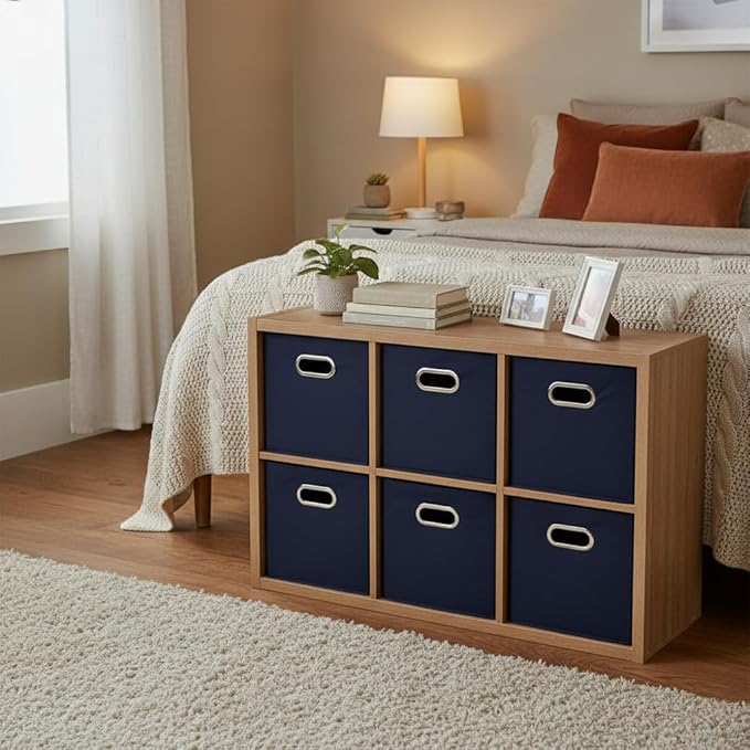 Household Essentials Fabric Storage Bins 6 Piece Set, Strong Poly-Woven Fabric, Sturdy Chipboard Sides, Grommet Front Handle,