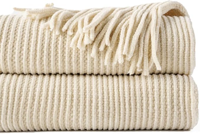 BATTILO HOME Beige Throw Blanket for Couch, Soft Chenille Knit Throws with Tassels for Home Decor, Spring Beige Throws for Co