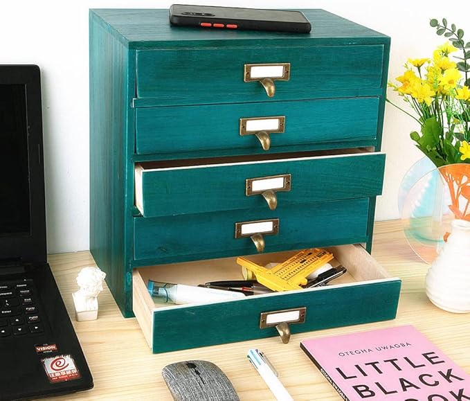 Small Wooden Drawers Rustic Desk Organizers and Accessories Wooden Storage Box with Drawers Desktop Storage Library Card Cata