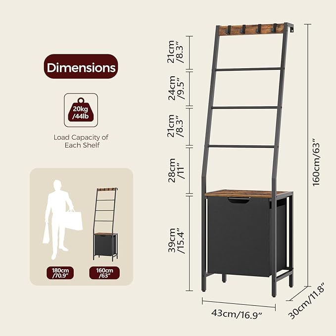 MAHANCRIS Blanket Ladder, 4-Tier Towel Rack with Pull-Out Laundry Basket & Removable Hooks, Ladder Shelf Stand, Wall-Leaning 