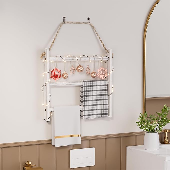 XLHOMO White Blanket Ladder Wall-Mounted, 3 Tier Wooden Rustic Mini Ladder Shelf for Living Room & Bathroom, Holder Display H