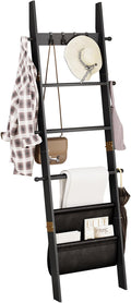 ELYKEN Blanket Ladder, 5-Tier Farmhouse Wooden Rack with Synthetic Leather Pocket, 4 Removable Hooks, Decorative Leaning Ladd
