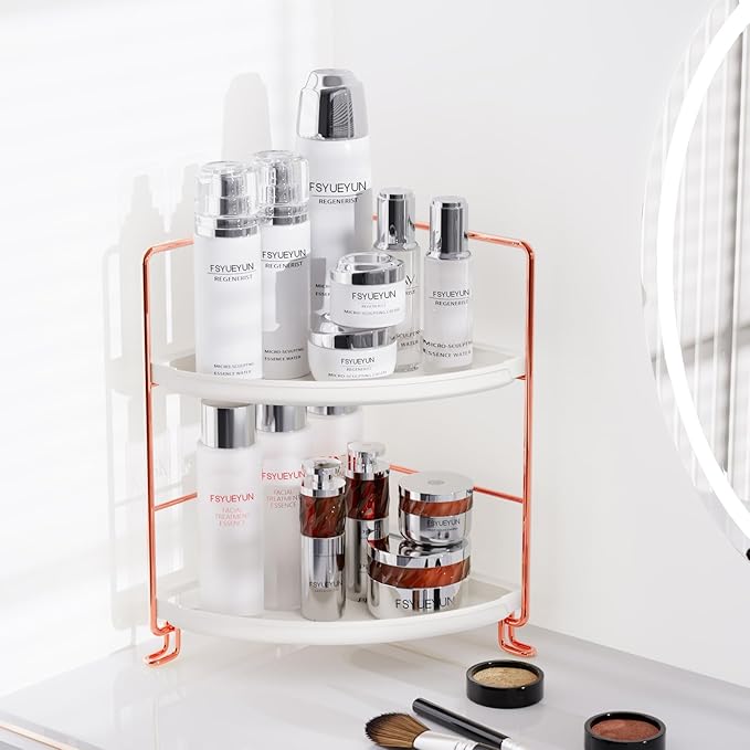 FSyueyun 2-Tier Corner Bathroom Counter Organizer, Tool-Less Installation Vanity Shelf Small Plastics Countertop Makeup Tray 