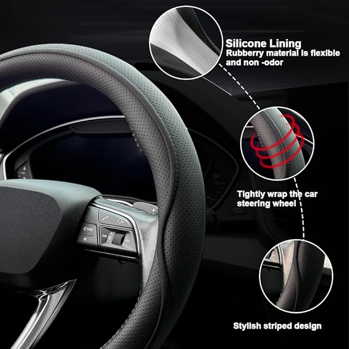 HAOTULE Leather Steering Wheel Cover， with Anti-Slip Stripe Design - Enhanced Grip, Fashion Style, Safe, Non-Slip, Breathable