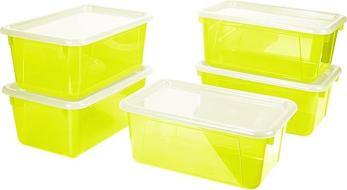 Storex Small Cubby Bins – Plastic Storage Containers for Classroom with Non-Snap Lid, 12.2 x 7.8 x 5.1 inches, Tint Yellow, 5