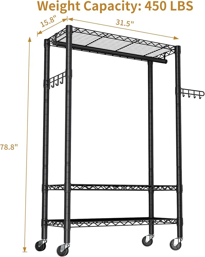 Heavy Duty Clothes Rack Rolling Garment Rack,3 Tier Adjustable Wire Shelving Clothing Racks for Hanging Clothes with Hanger R