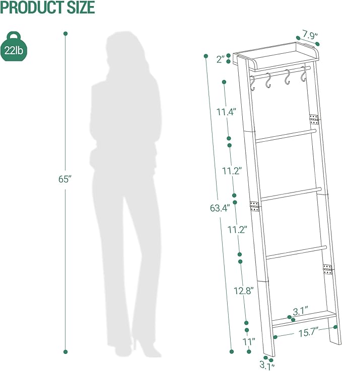 Hzuaneri Blanket Ladder Shelf, Decorative Quilt Rack, 6-Tier Farmhouse Ladder Holder Organizer with 4 Removable Hooks 7.9" D 