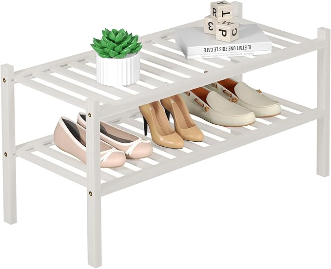 ROMGUAR CRAFT 2 Tier Bamboo Shoe Rack for Closet Free Standing Wood Shoe Shelf for Entryway Small Space Stackable 27"x11"x13"
