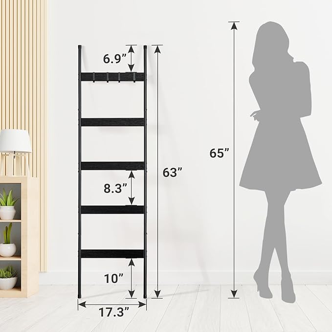ELYKEN Blanket Ladder for Living Room, Farmhouse 5-Tier Quilt Holder with 4 Removable Hooks for Bathroom, Wood Towel Rack Dis