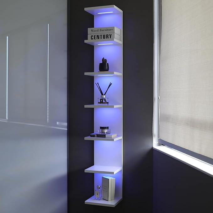 7 Tier Wall Shelves with RGB Light, Lack Wall Shelf Unit, Vertical Shelf with Remonte Control,White Shelves