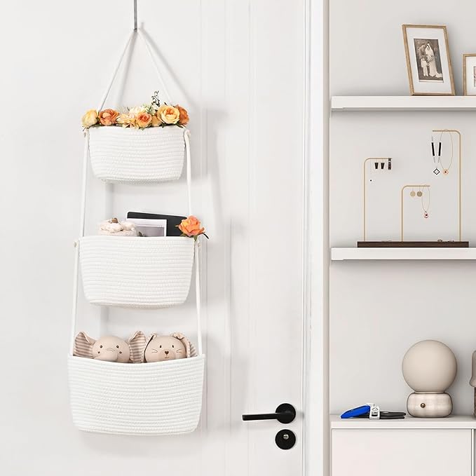 Hanging Storage Baskets, Over the Door Basket, Cotton Wall Baskets Storage, Hanging Door Basket with 4 Hooks