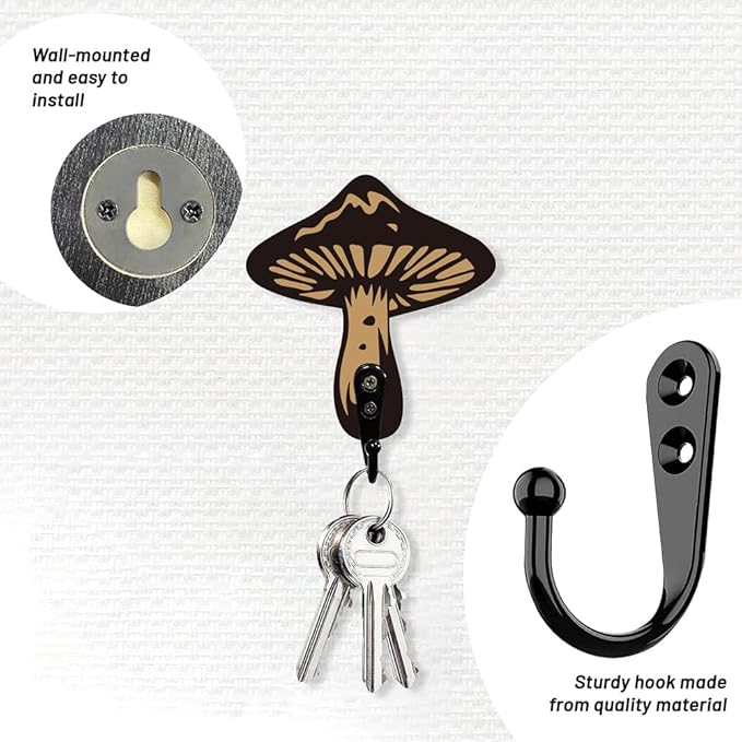 AHANDMAKER 2 Sets Wooden Mushroom Wall Hooks Key Holder, Wall Mounted Mushroom Decor Hanger for Room Keys Home Decor
