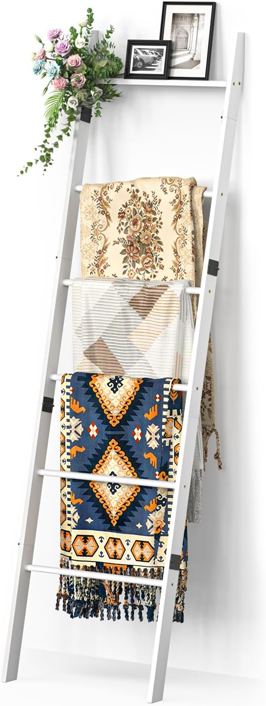 BAMBANG 6-Tier Blanket Ladder for Living Room, Blanket Quilt Ladder Rack Rustic Decorative Towel Holder, Wall Leaning Blanket