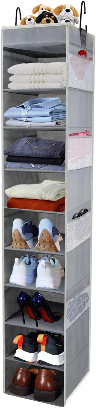 Large-Sized Hanging Shoe Organizer 10-Shelf, Sturdy Hanging Closet Organizer with 8 Side Pockets, Wider Hanging Shelves for S