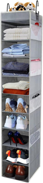 Large-Sized Hanging Shoe Organizer 10-Shelf, Sturdy Hanging Closet Organizer with 8 Side Pockets, Wider Hanging Shelves for S