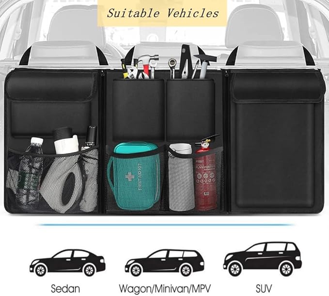 Car Trunk Organizer, Detachable Car Backseat Hanging Organizer with 7 Large Storage Pockets, Collapsible Back Seat Organizer