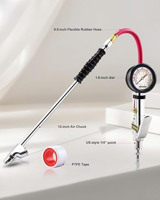 ATsafepro Tire Inflator with Gauge, 10-160 PSI, 12-Inch Extended Straight Air Chuck with Pressure Gauge for Dual Wheels, 1/4 NFT & Quick Plug, Tire Pressure Checker for Trucks, RVs, Trailers