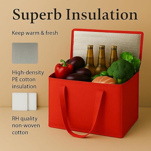 musbus 4 Pack xl Insulated Grocery shopping bag, Red, Cooler bag, zipper, Foldable, Tote, Cold and Hot,for Men/Women, Delivery, for Picnic