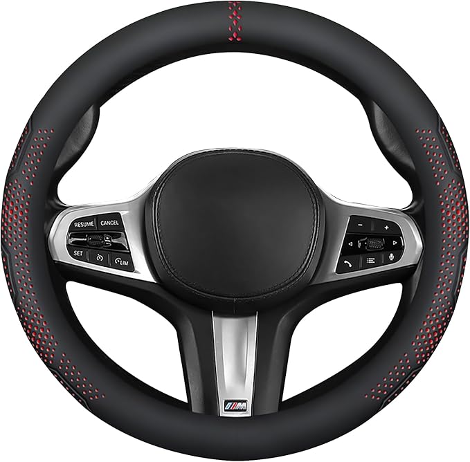 Car Leather Steering Wheel Cover - Panapi Material, Universal 14.5-15 Inch Leather Anti-Slip Breathable Auto Steering Wheel C