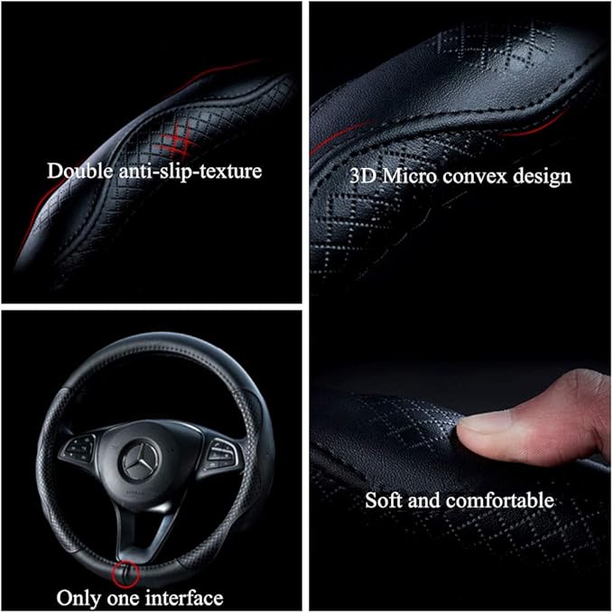 Black Leather Steering Wheel Cover Cowhide Wheel Cover Genuine Leather Steering Wheel Covers Universal Size L / 15.5inch (B-Black-L)