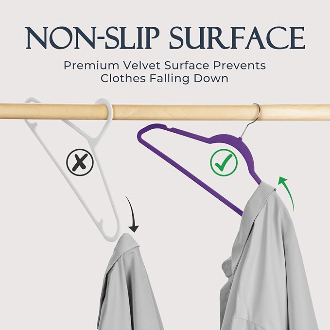 HOUSE DAY Noble-Purple Velvet Hangers 60 Pack, Non Slip Clothes Felt Hanger Heavy Duty for Coat, Premium Slim Space Saving Su