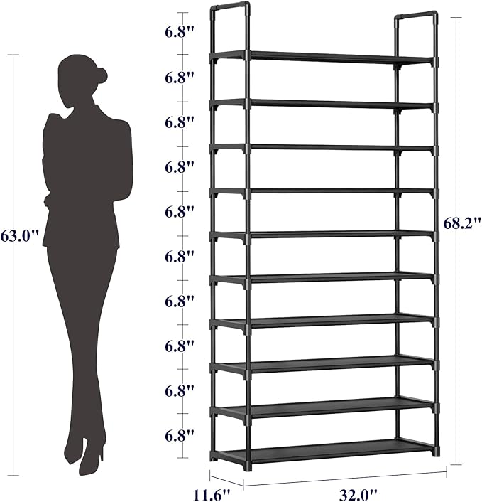 Kitsure Shoe Rack - 10-Tier Shoe Organizer with Detachable Fabric Shelves & Metal Frame, Tall Shoe Rack for Closet, Entrance,