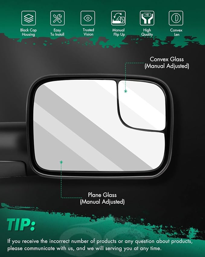 SCITOO fit for Towing Mirrors 2003 2004 2005 2006 2007 2008 for Dodge for Ram 1500 2500 3500 2002 for Dodge for Ram 1500 2009 for Dodge for Ram 2500 3500 Truck Black Manual Side View Pair Mirrors