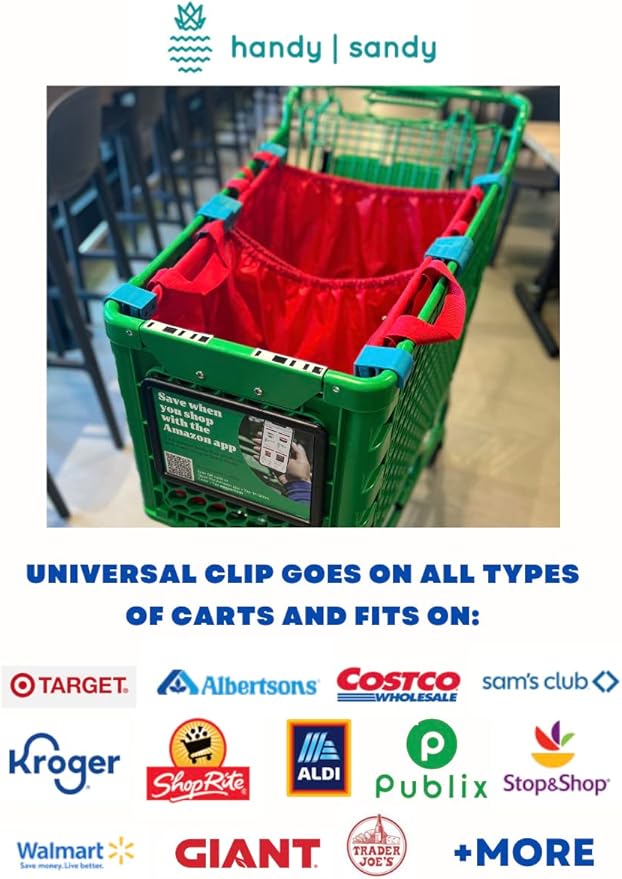 Handy Sandy Cart Caddy – 3-Pack Reusable Shopping Bags with Cart Clips | Heavy-Duty Grocery Organizer Tote Set | Eco-Friendly, Foldable, 40 lb Capacity | Blue