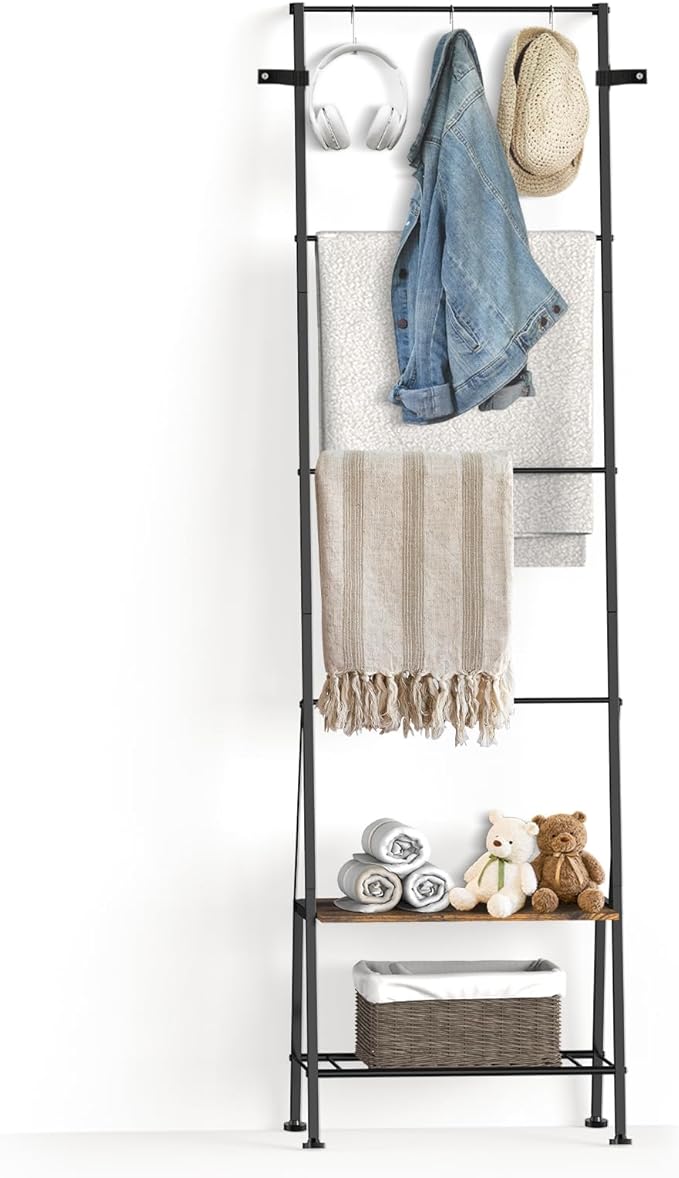 Blanket Ladder with Shelf - Blanket Rack Freestanding, Standing Towel Rack for Bathroom Living Room Bedroom, Blanket Holder w
