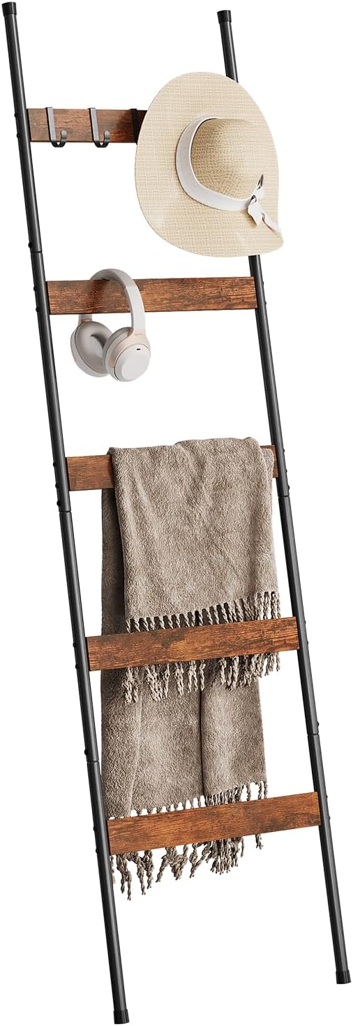 ELYKEN Blanket Ladder for Living Room, Farmhouse 5-Tier Quilt Holder with 4 Removable Hooks for Bathroom, Wood Towel Rack Dis