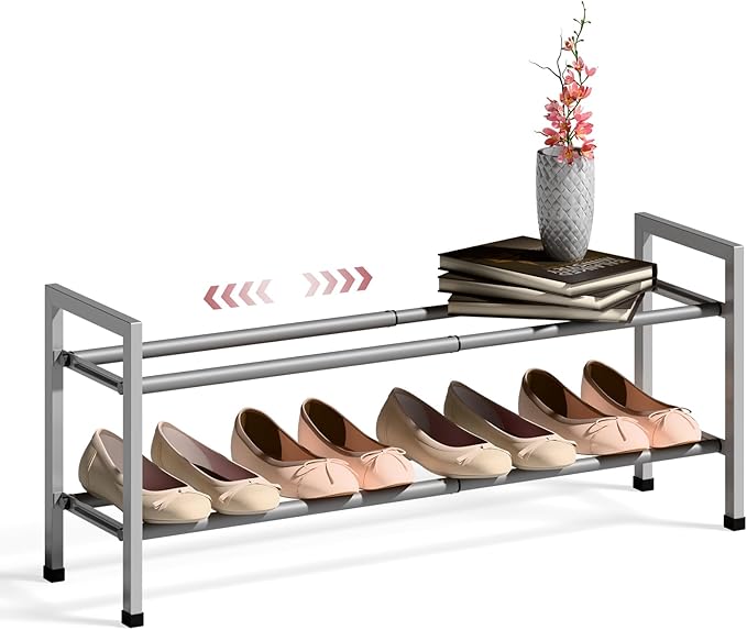 Bumusty 2 Tier Expandable Shoe Rack for Closet, 18“-33” Adjustable Shoe Rack for Small Space, Small Shoe Organizer for Front 