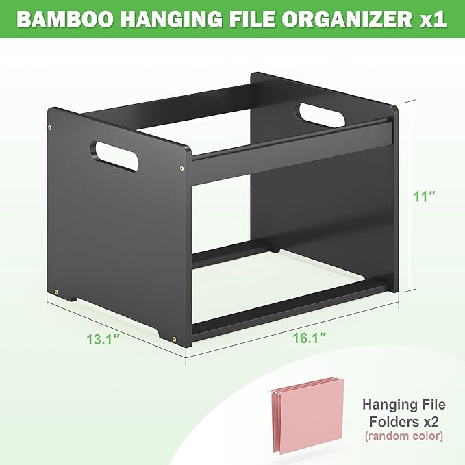 Hanging File Organizer Box for Letter Size, Bamboo File Folder Organizer, Storage Moving Boxes with Handle Wood Desk Filing B