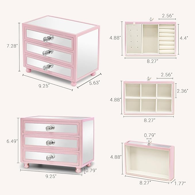 Gifturbo Pink Jewelry Box for Women Girl Wife 3 Layers Large Mirror Glass Jewelry Organizer Storage Case with Three Drawers D