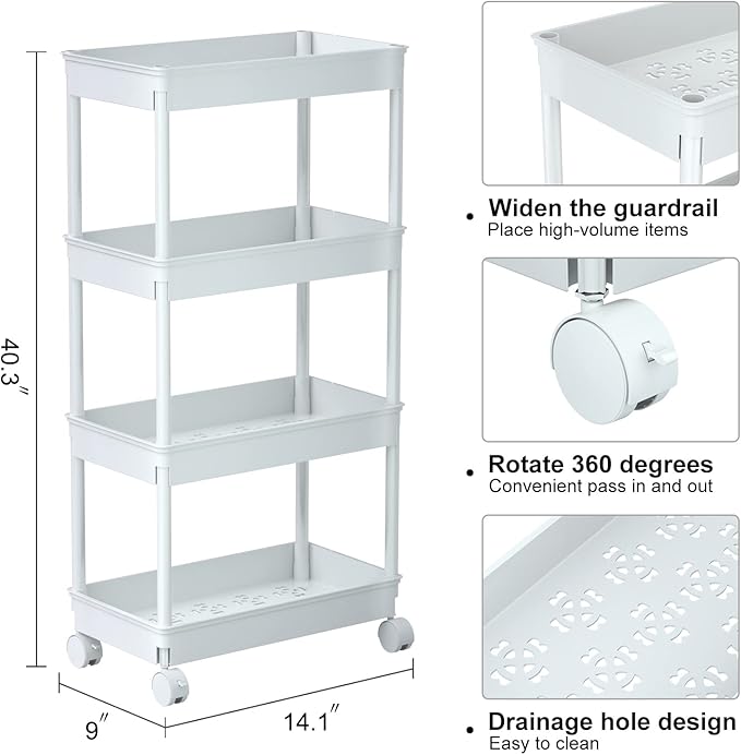 Sooyee 4 Tier Wide Storage Cart Mobile Shelving Unit Organizer Slide Out Storage Rolling Utility Cart Tower Rack for Kitchen 