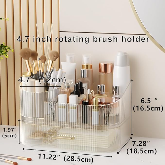 360° Rotating Makeup Organizer with Drawer, Clear Acrylic Cosmetic Storage Display, Stackable Beauty Counter (Clear, Large (T