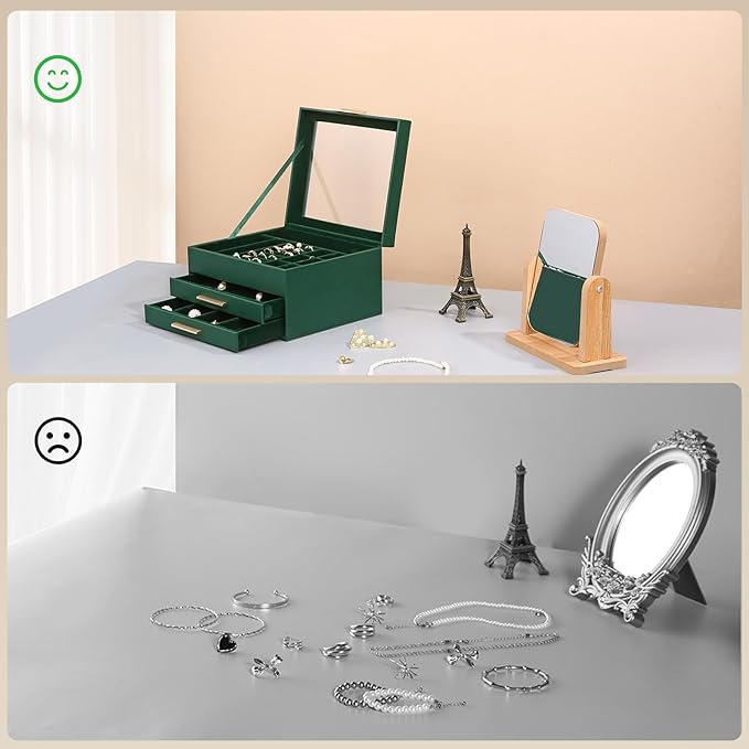 Somduy Jewelry Box Organizer for Women,3 Layers PU Leather Jewelry Storage Display Box with Glass Lid,Gift for people,3 Drawe
